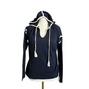 Caroline Grace Hooded Sweater Small Petite Blue Knit Top Cashmere Cotton Lounge